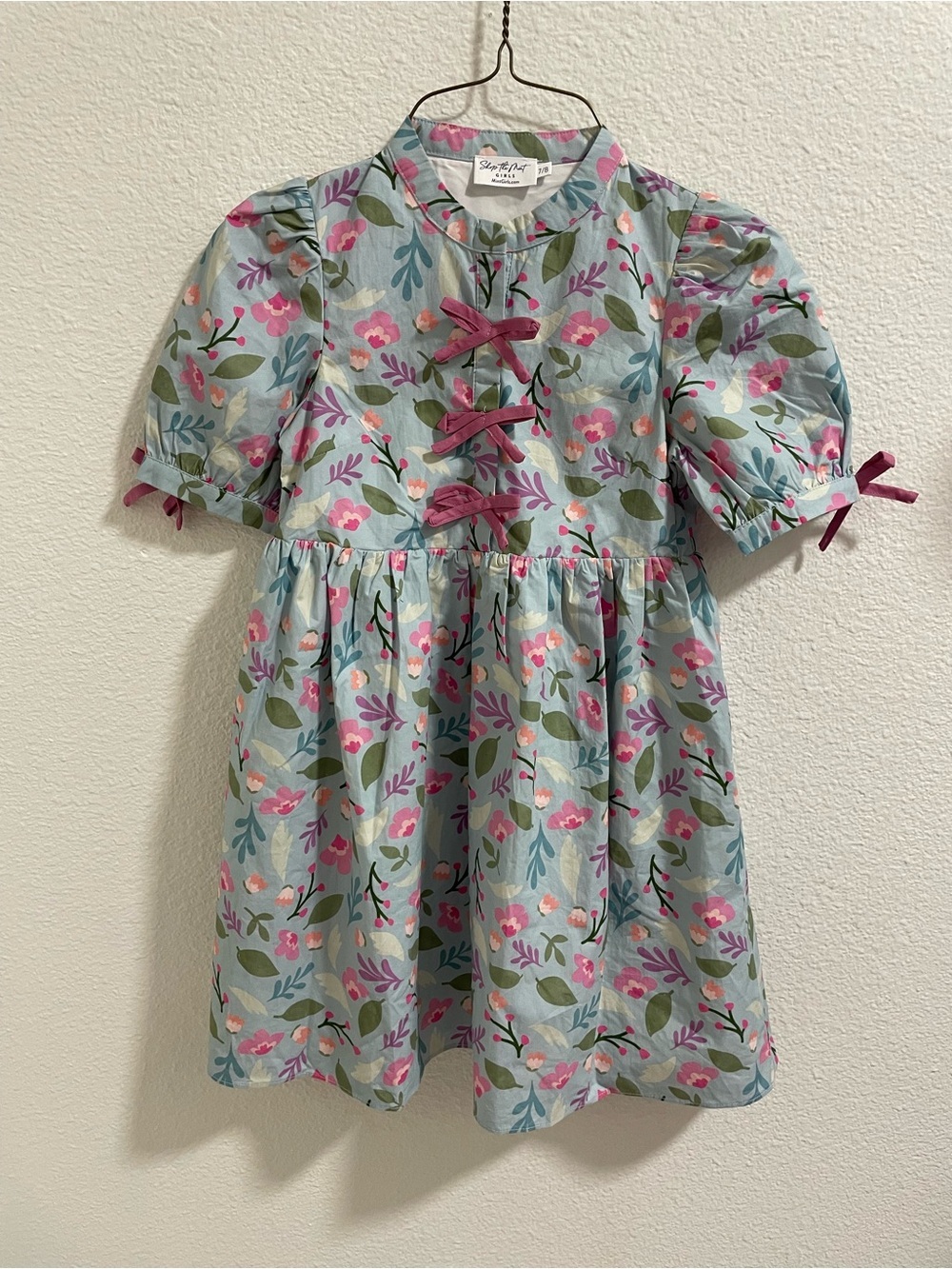 Shop the Mint Girls Floral Bow-Trim Cotton Dress for Kids - Light Blue & Pink